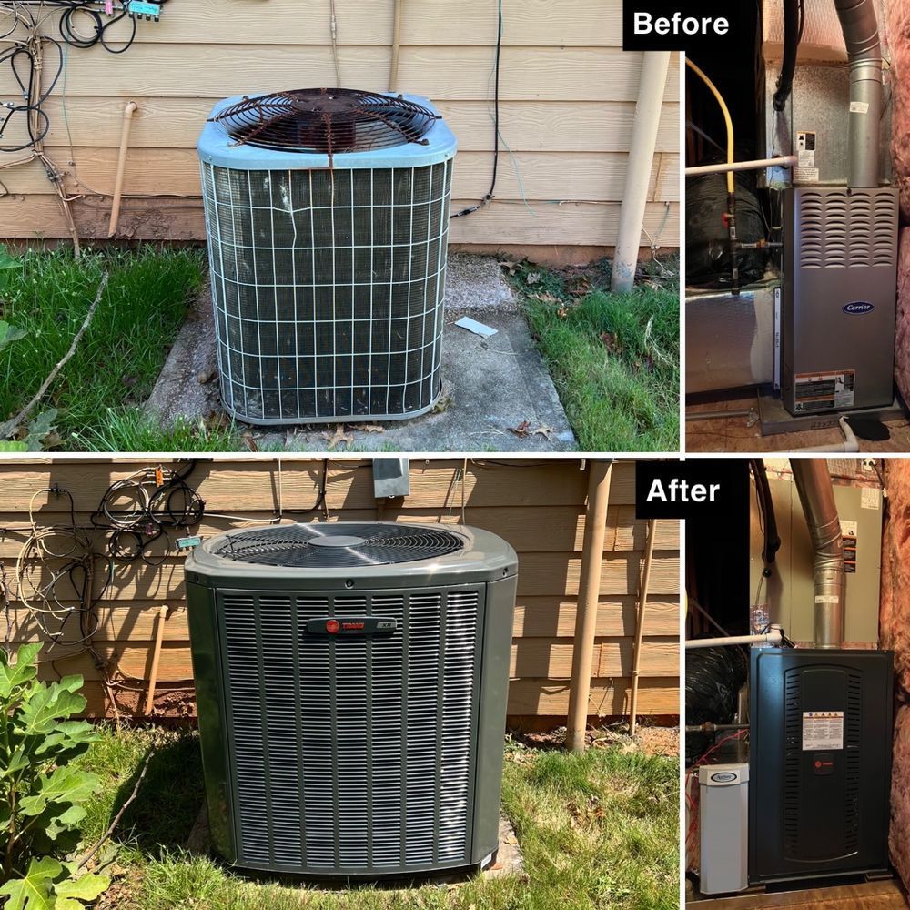 A before and after picture of an air conditioner and a stove.