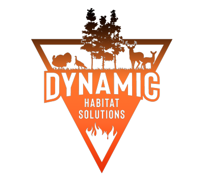 Logo of Dynamic Habitat Solutions: triangle with trees, deer, turkey, and fire, orange and brown.