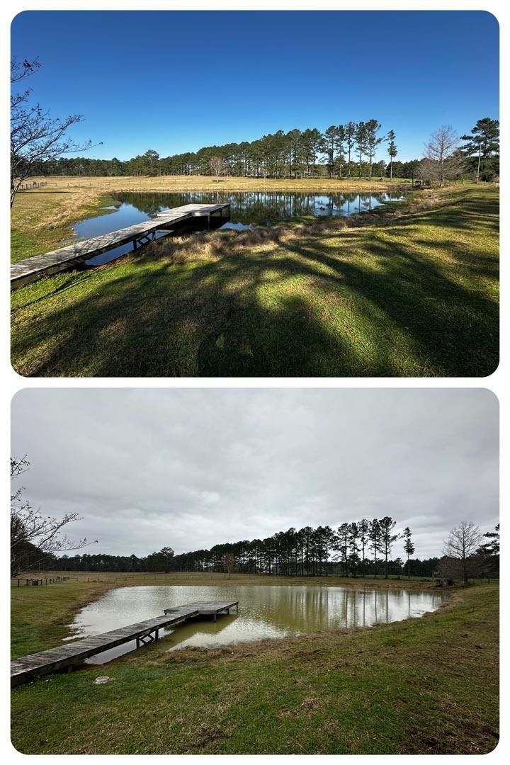 Top: Sunny day at a pond with a wooden dock. Bottom: Cloudy day at same pond.