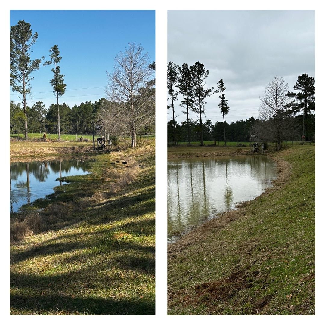 Two images of a pond with grassy banks and trees. One sunny, one cloudy.