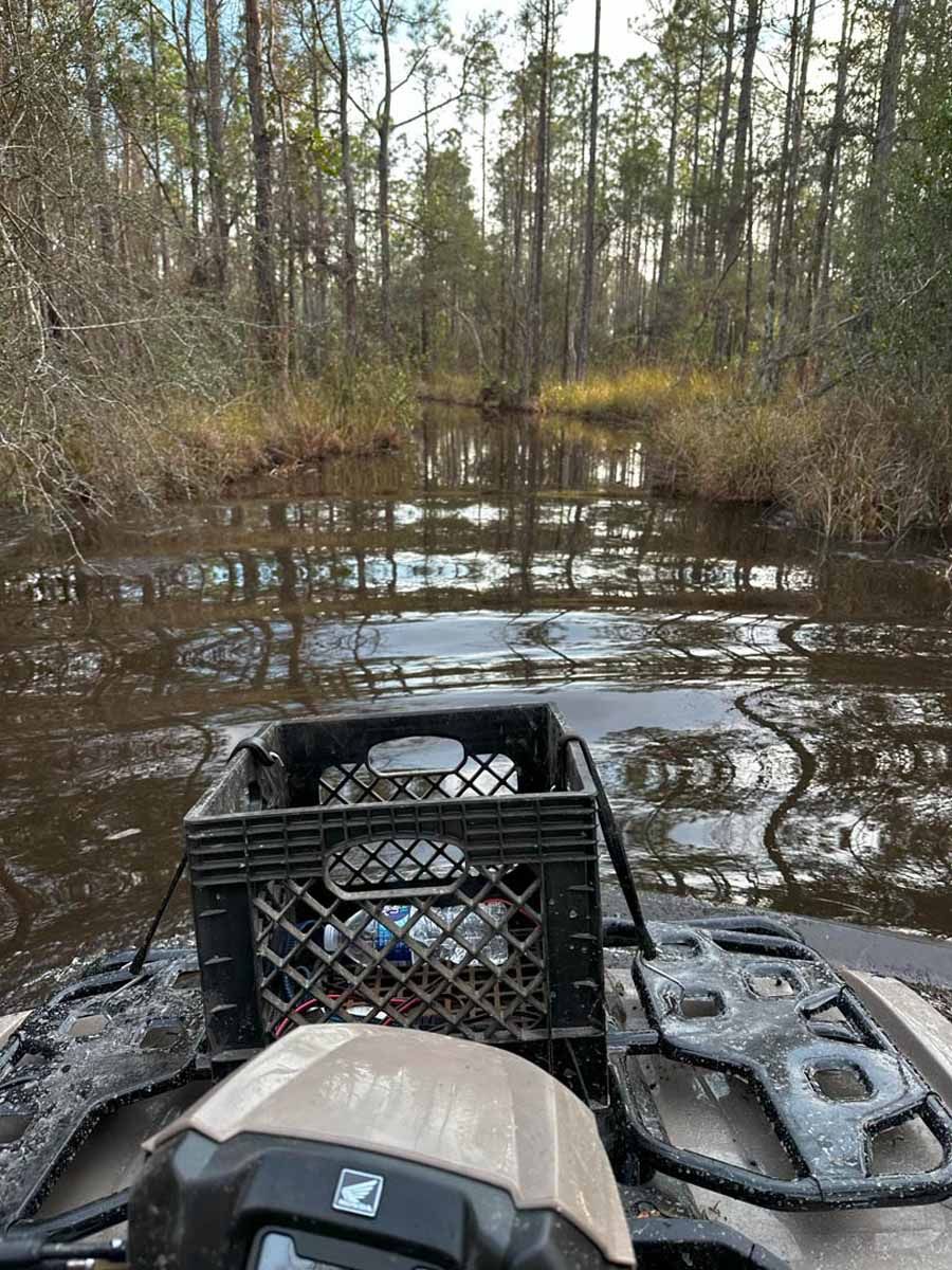 ATV traversing a murky swamp; black crate on the front holds supplies. Trees and brown water surround.