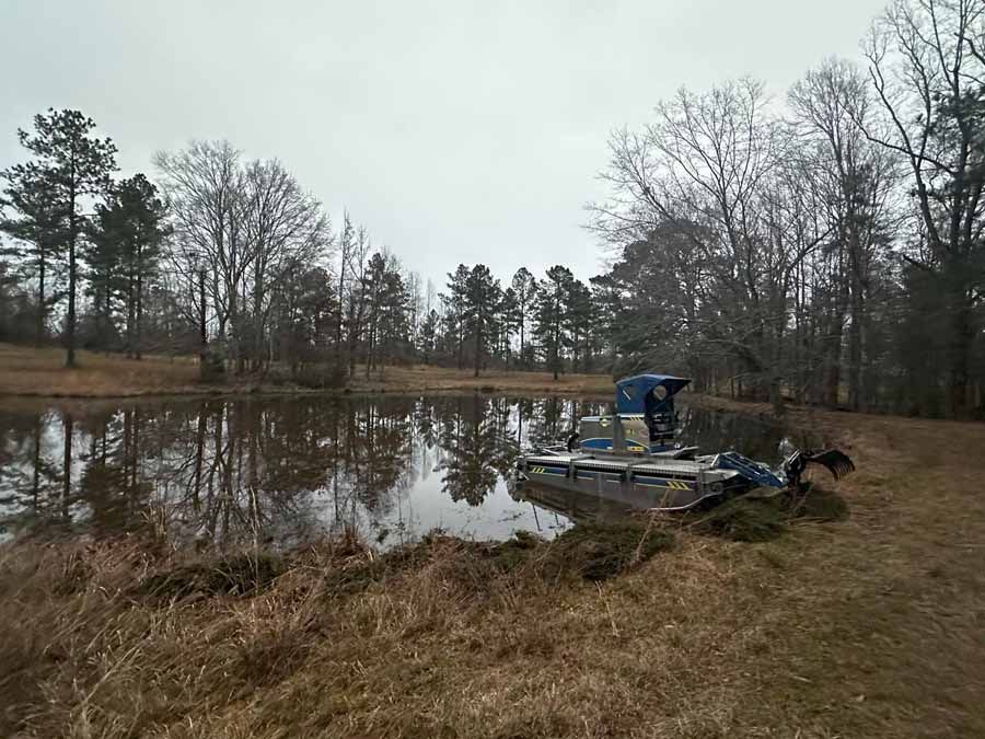 A person fishing from a dock on a pond, surrounded by trees under a cloudy sky.