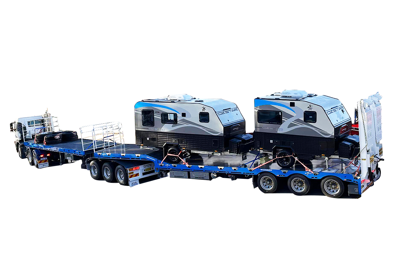 A trailer with two rvs on it on a white background