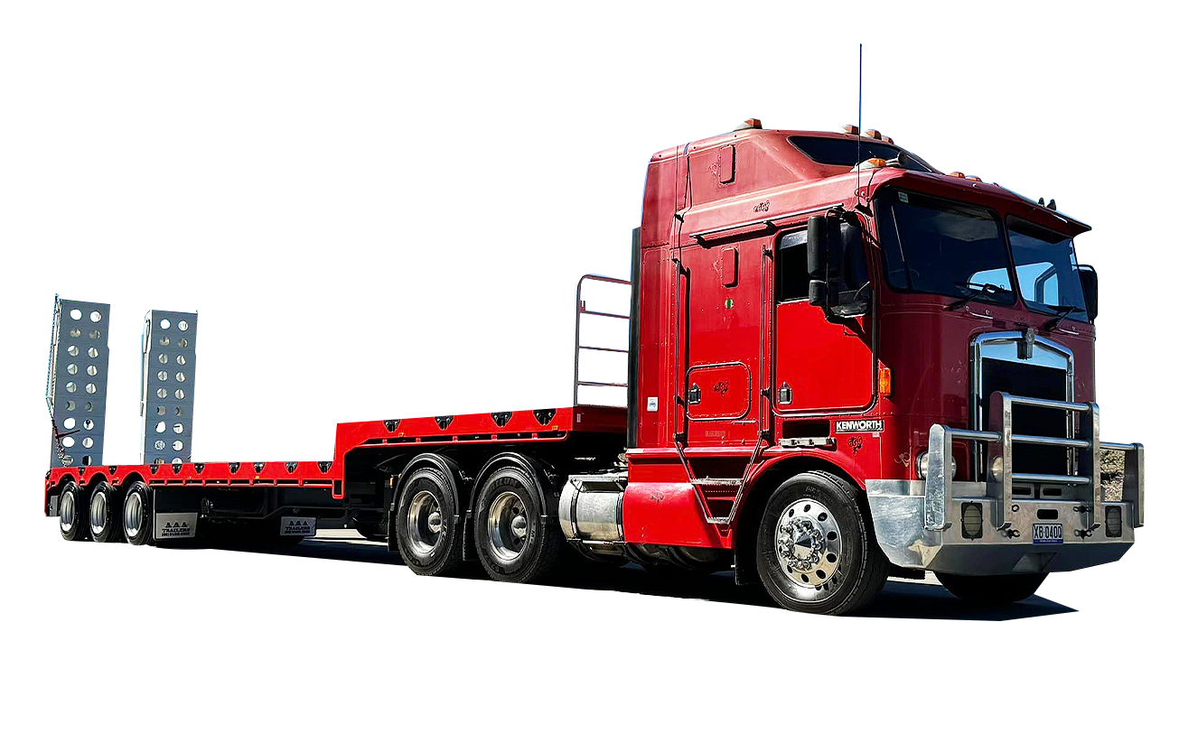A red semi truck with a flatbed trailer on a white background