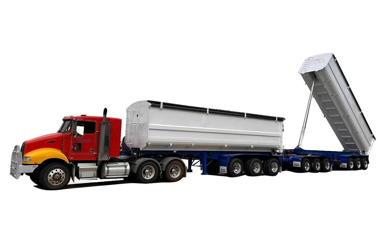 A red semi truck with a white trailer