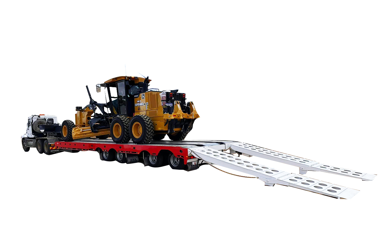 A bulldozer is sitting on top of a flatbed trailer