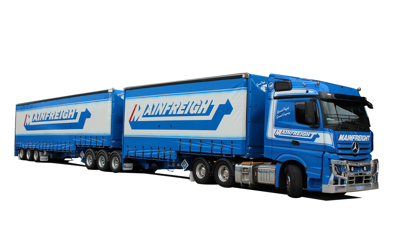 A blue and white semi truck with two trailers attached to it