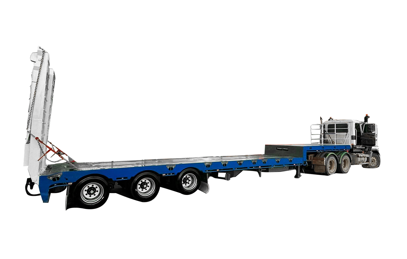 A semi truck with a flatbed trailer attached