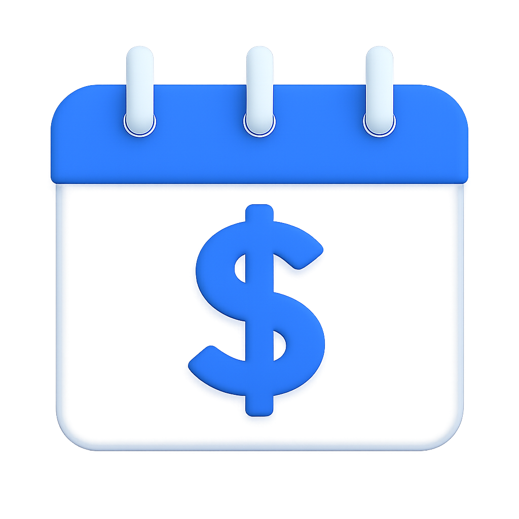 A blue calendar with a dollar sign on it.