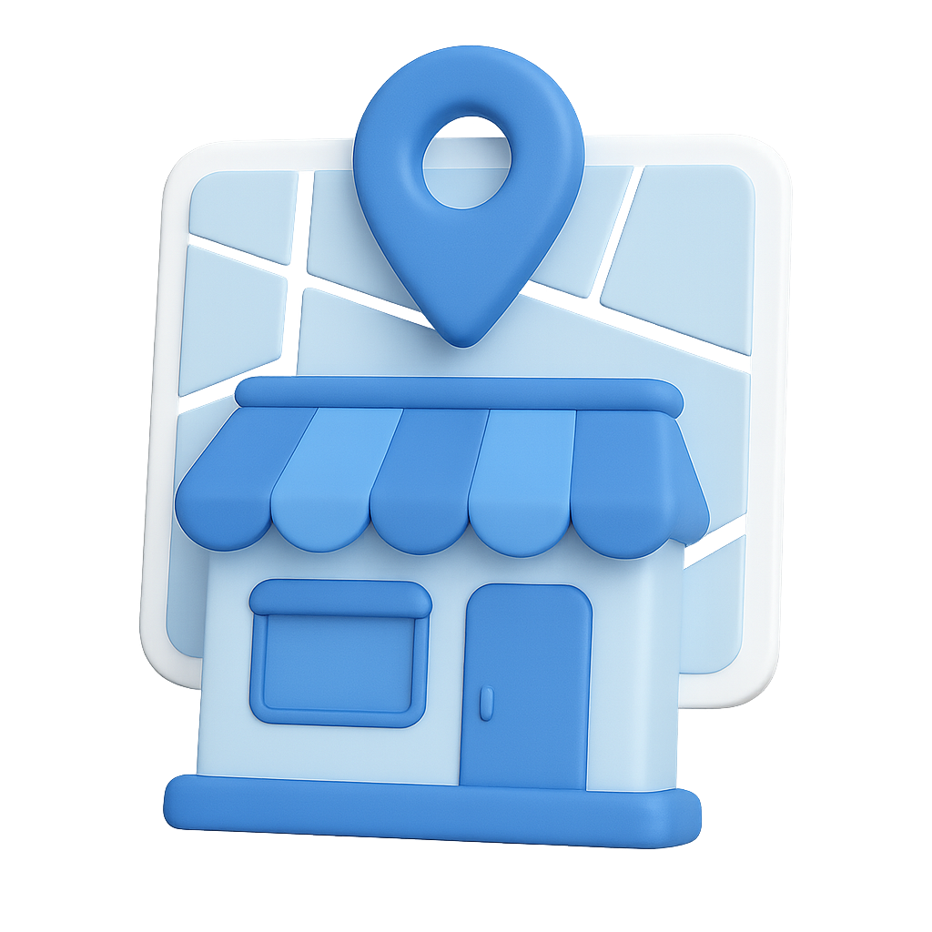 A 3d rendering of Business Listing with a blue store with a map pin on top of it.