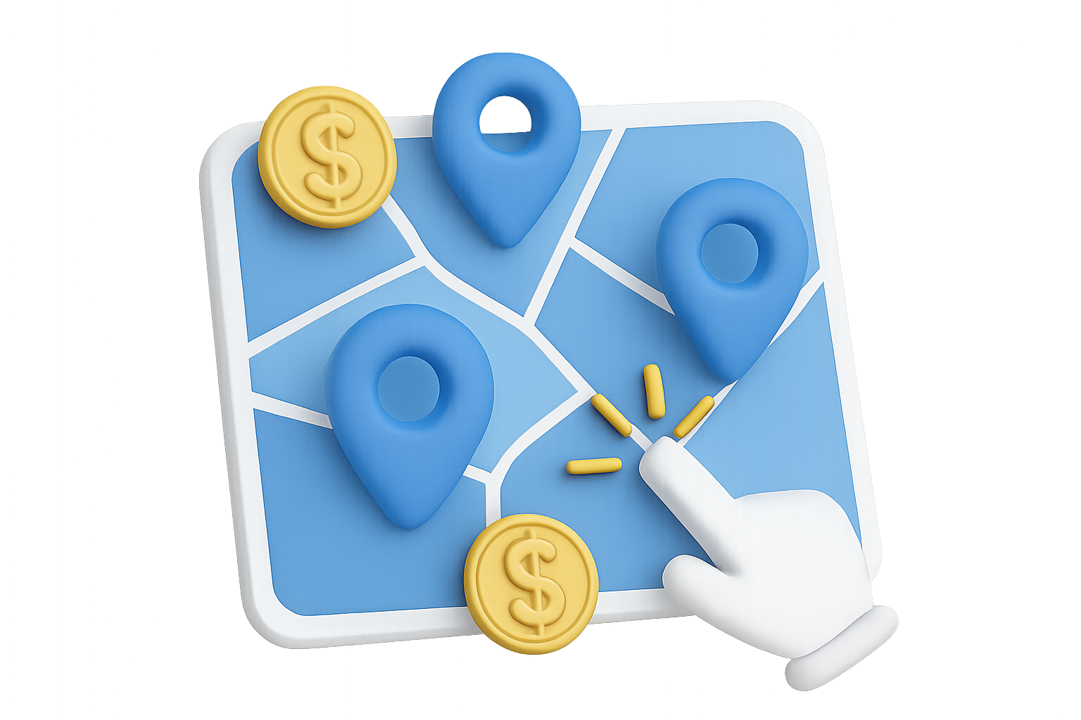 A 3d illustration of paid media showing a map with coins and dollar signs on it.