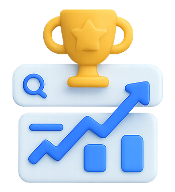 A 3d illustration of a trophy, a graph and a search bar.