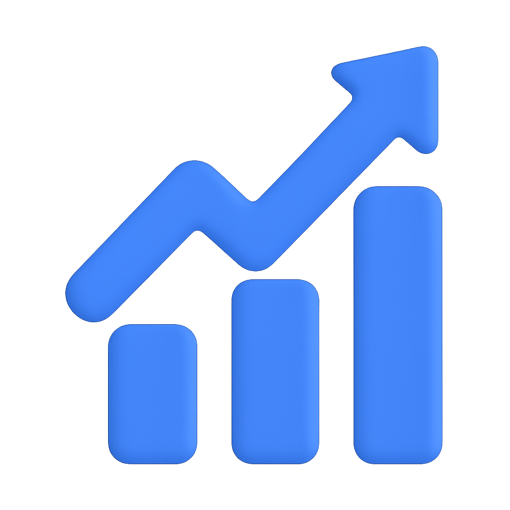 A blue graph with an arrow pointing up.