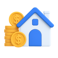 A 3d illustration of a house surrounded by stacks of coins.