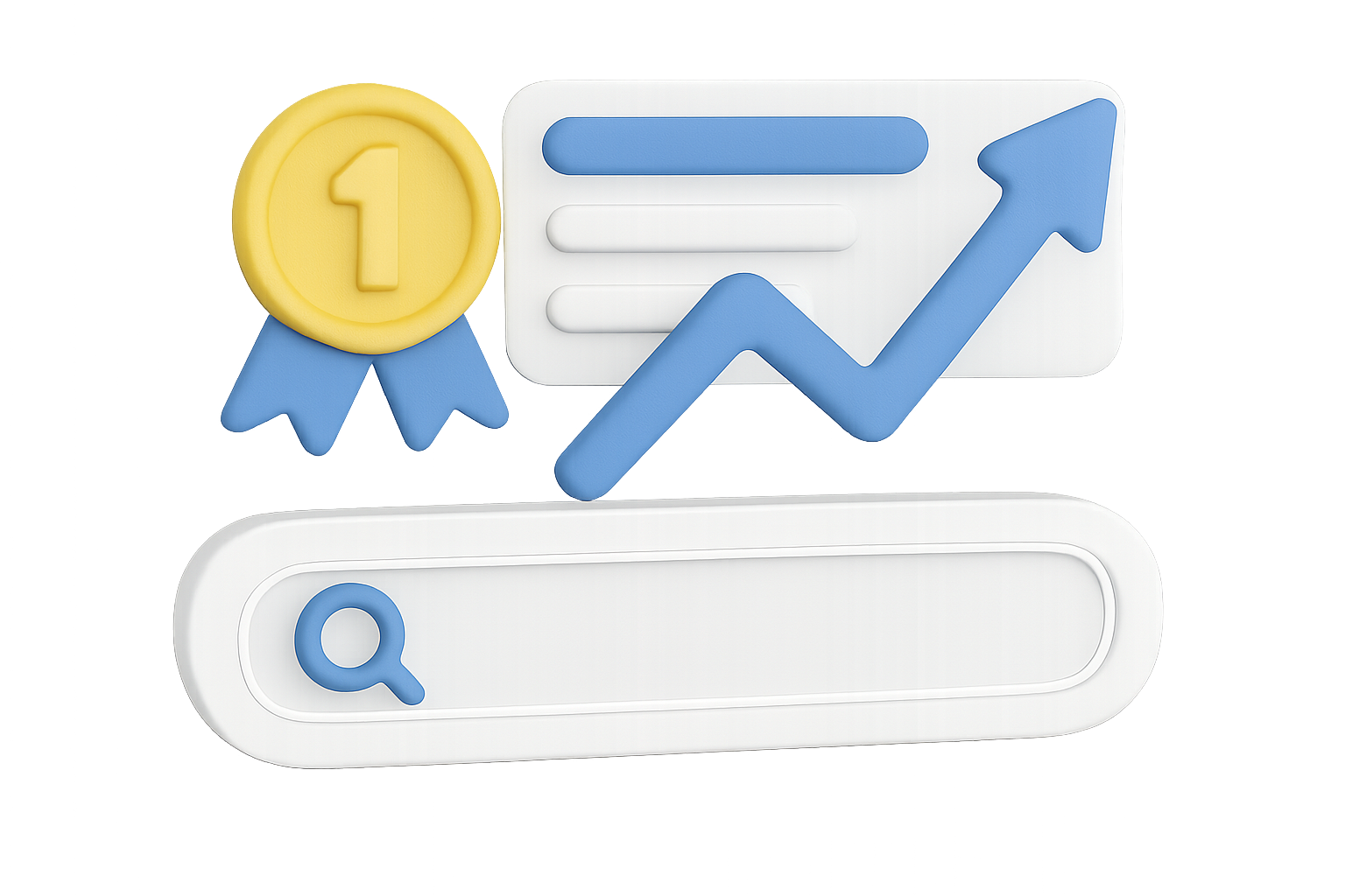 A 3d illustration of Search Engine Optimization with a search bar, a gold medal, and a blue arrow.