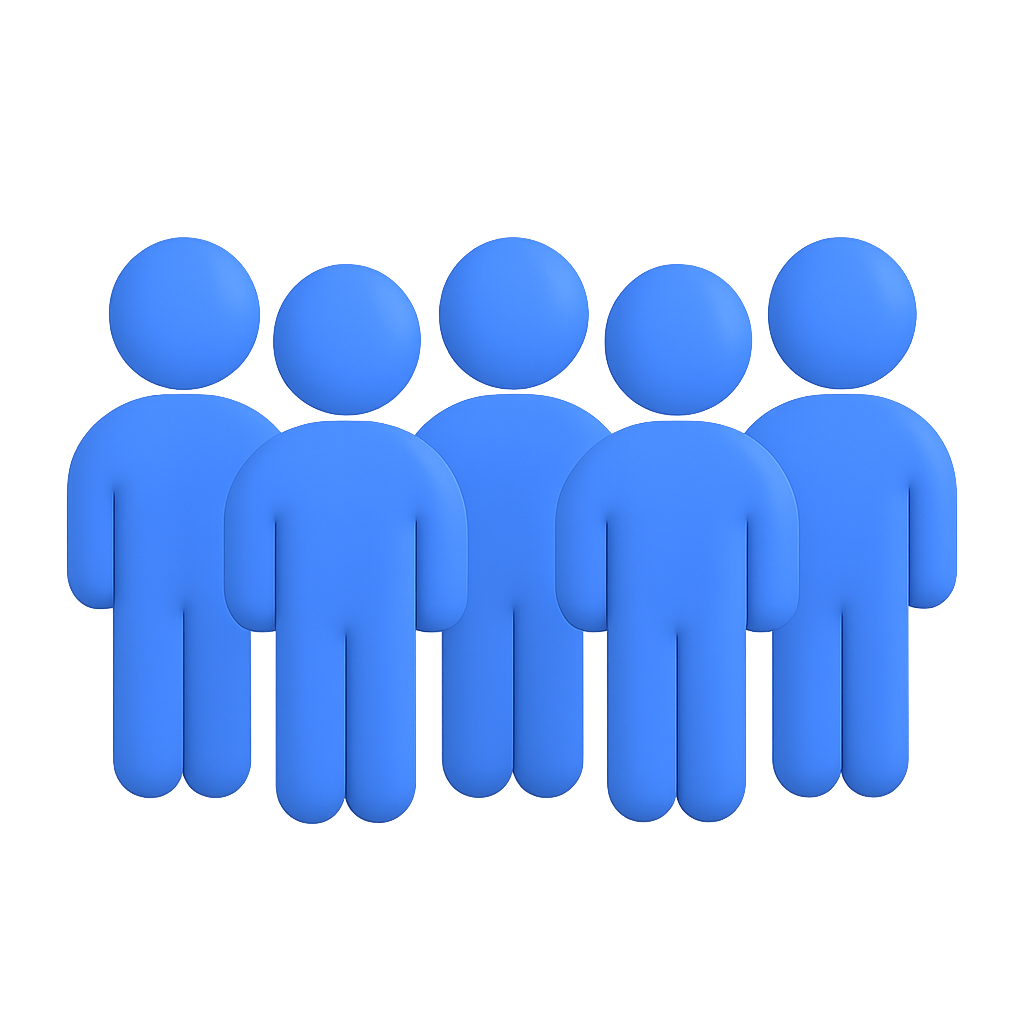 A group of blue people standing next to each other on a white background.