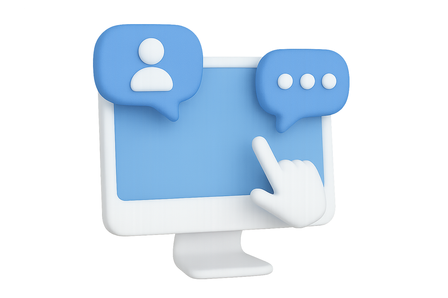 A computer monitor with speech bubbles and a hand pointing at it.