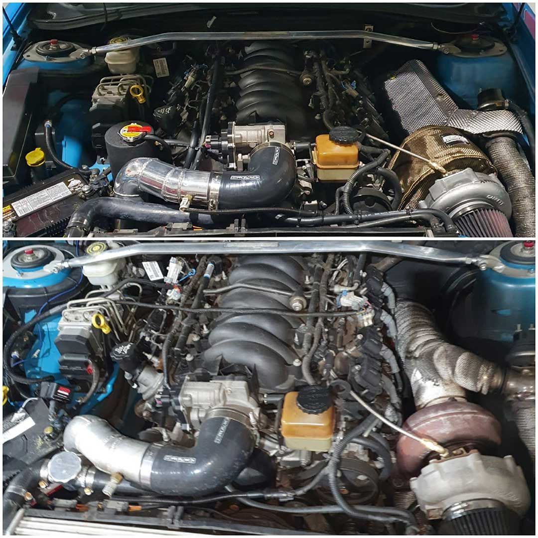 Two Pictures Of A Car Engine Before And After Being Cleaned — MTM Automotive in Bentley Park, QLD