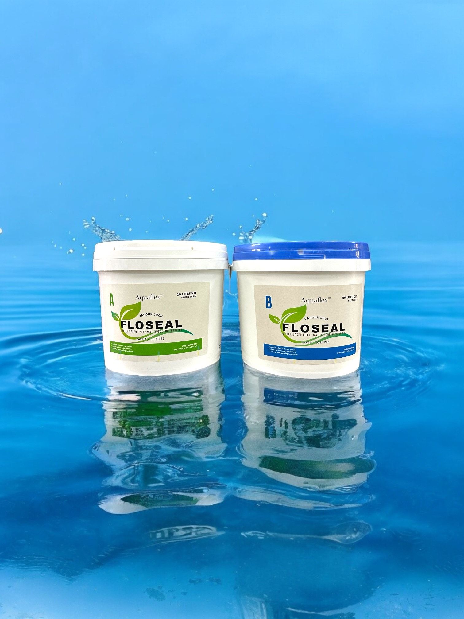 Two buckets of floseal vapour lock on a white background
