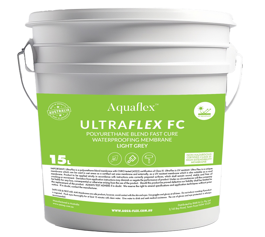A bucket of aquaflex ultraflex fc polyurethane blend past cube waterproofing membrane light grey.
