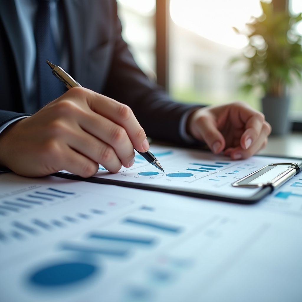 Person in suit writing on financial charts with a pen.