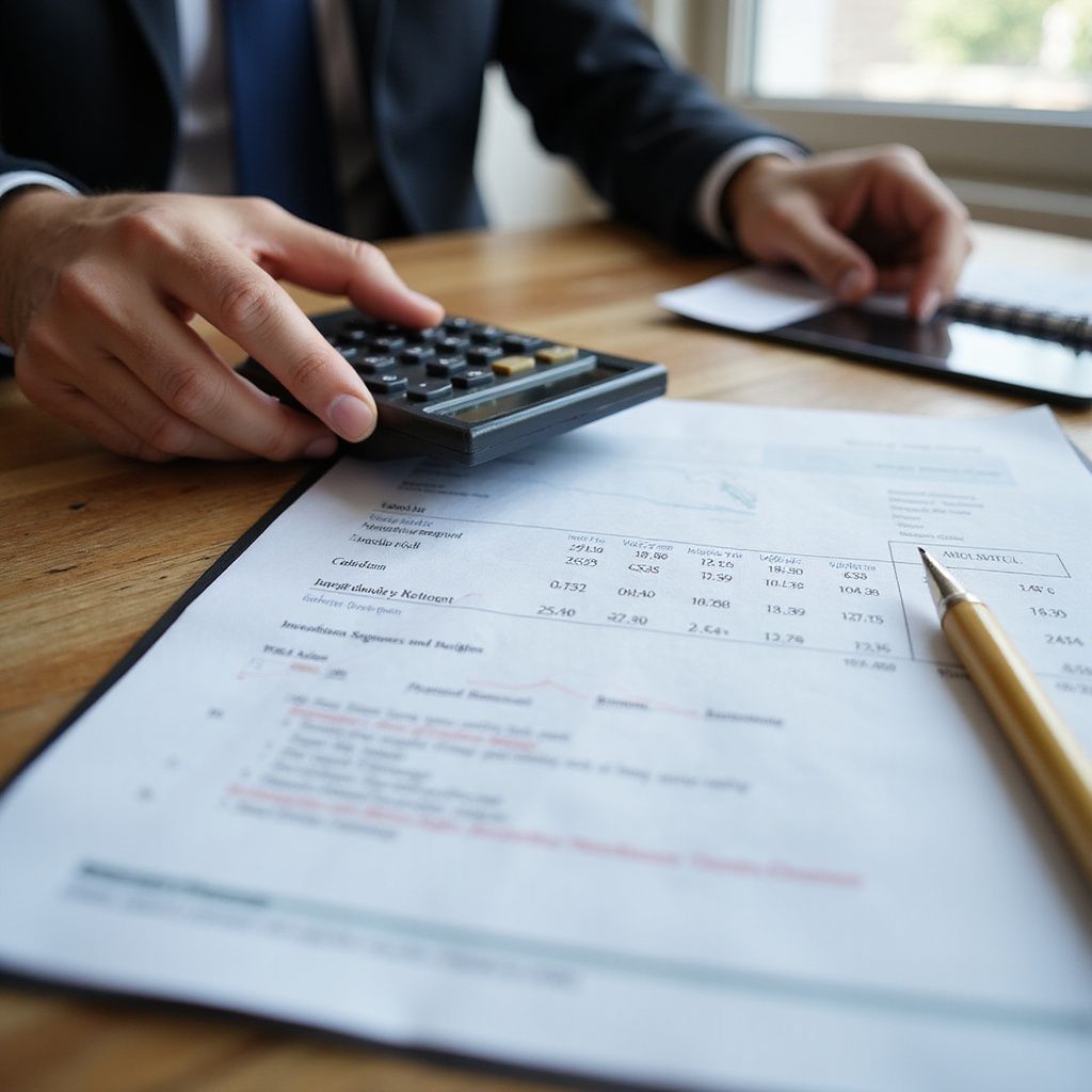 Person in a suit calculating numbers on a document with a calculator, pen, and tablet on a wooden desk.