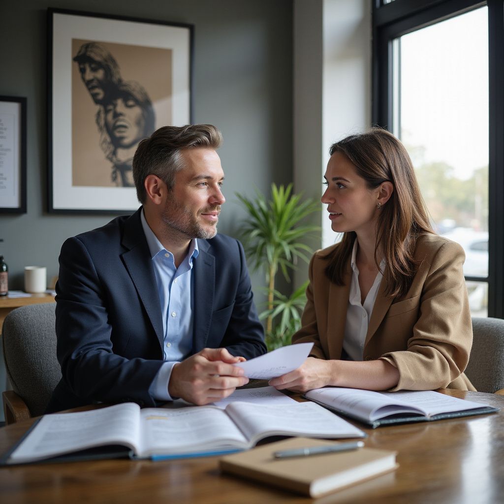 Man and woman reviewing documents at a table. They are in a well-lit room with artwork.