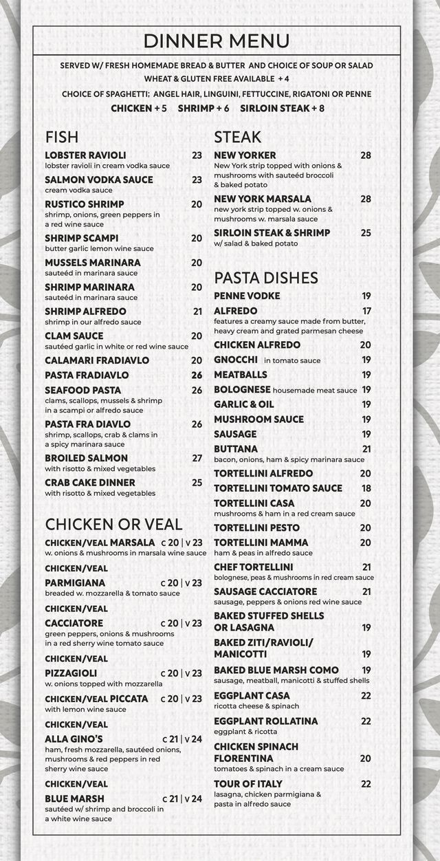 A menu for a pizza restaurant shows a variety of pizzas.