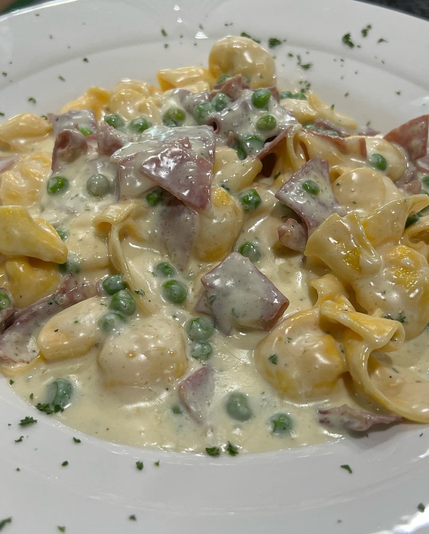 A close up of a white plate topped with pasta and peas.