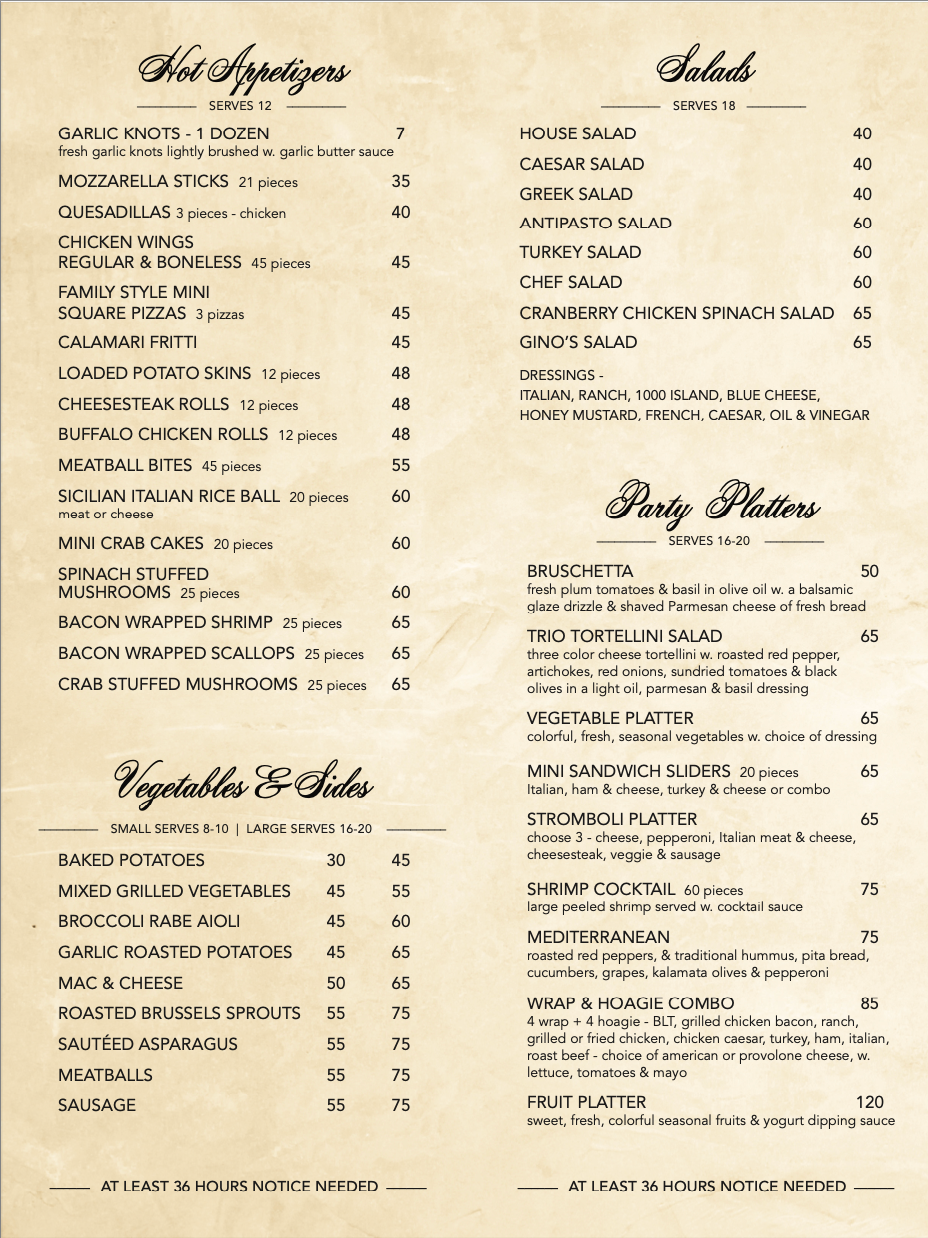 A menu for a restaurant includes appetizers and salads