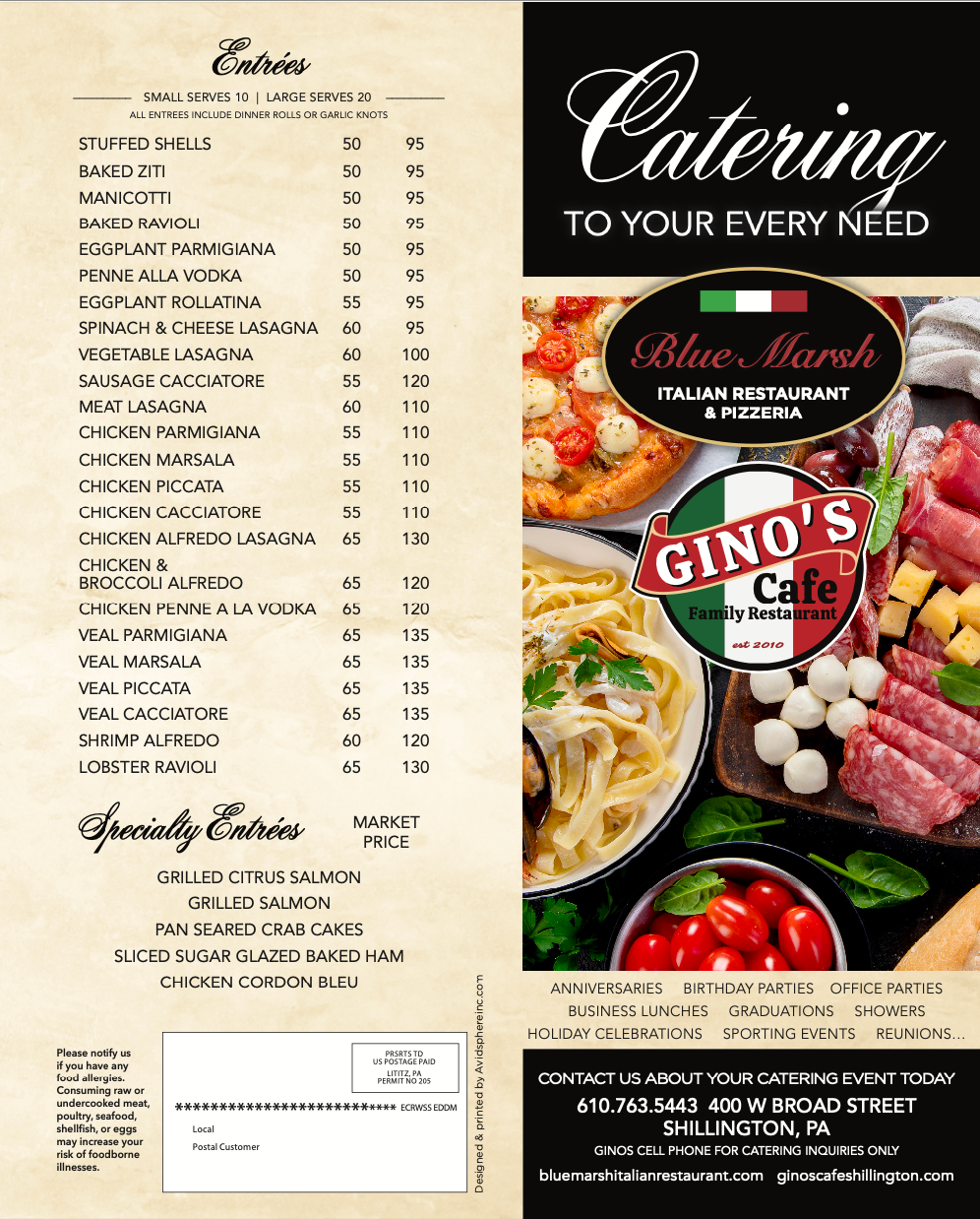 A menu for gino 's cafe catering to your every need.
