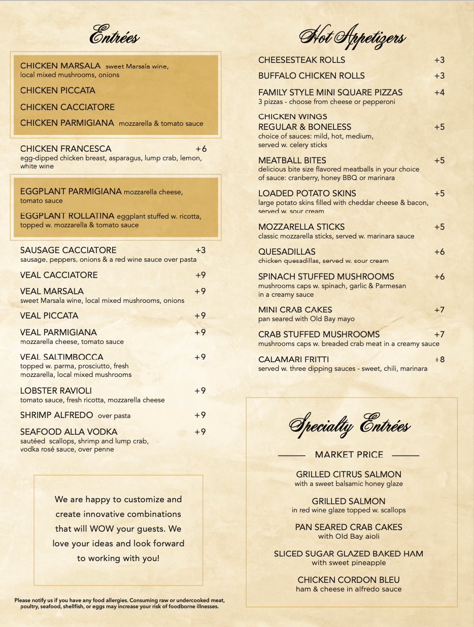 A menu for a restaurant shows a variety of food items