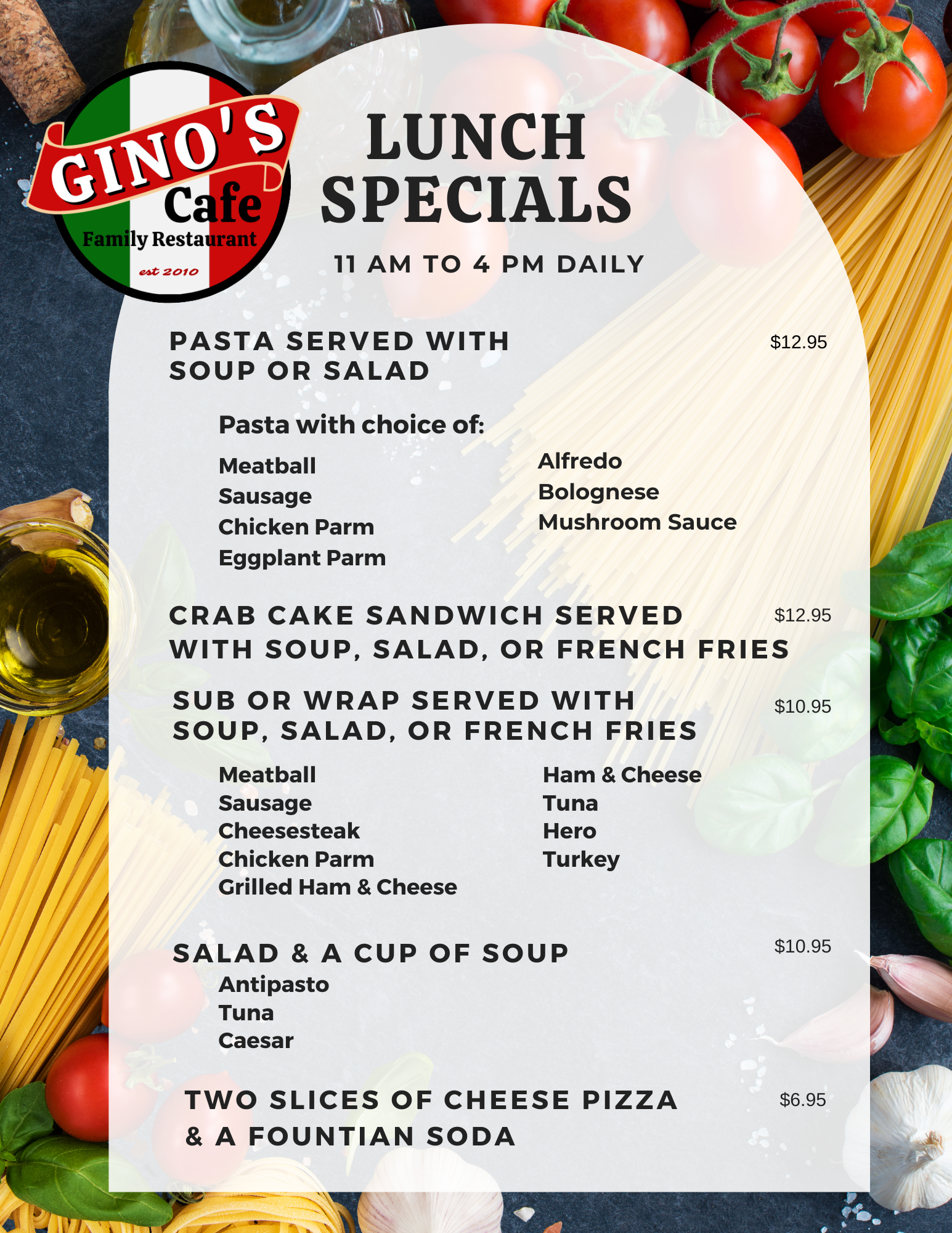 A menu for gino 's cafe shows a variety of lunch specials.