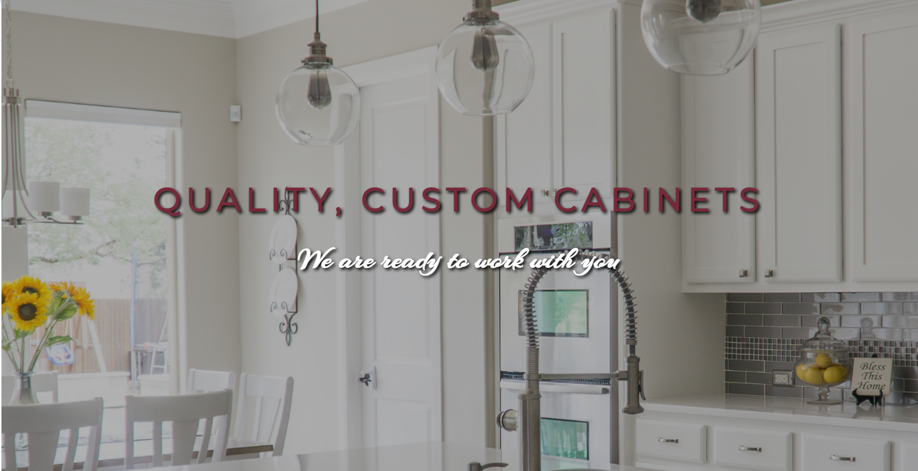 Modern white kitchen with text reading “QUALITY CUSTOM CABINETS” overlaid.