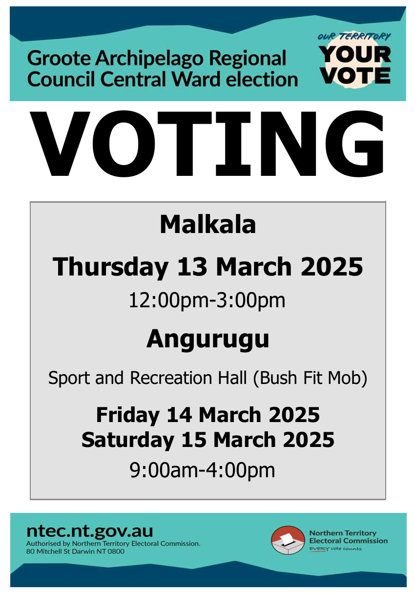 Voting information for Groote Archipelago Regional Council election: locations and times.
