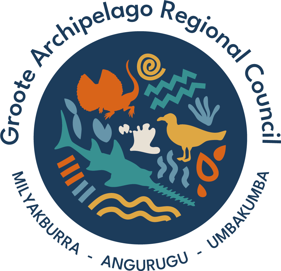 Groote Archipelago Regional Council logo: Blue circle with various stylized sea creatures and symbols. Text around the edge.