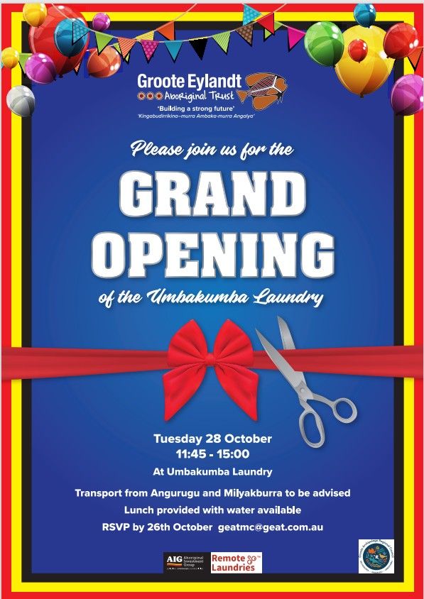 Date: Tuesday 28 October
Time: 11:45 – 15:00
Location: Umbakumba Laundry
Transport: From Angurugu and Milyakburra (details to be advised)
Catering: Lunch provided; water available
RSVP: By 26 October to geatmc@geat.com.au