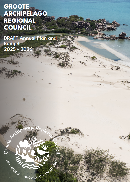 Cover of the Grote Archipelago Regional Council draft annual plan and budget for 2025-2026, featuring a beach scene.