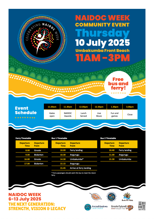 NAIDOC Week community event poster: Thursday, July 10, 2025, at Umbakumba beach, offering free bus and ferry.