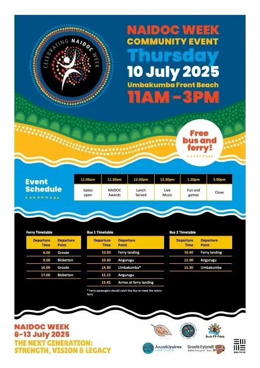 Poster: NAIDOC Week community event on July 10, 2025, at Umbakumba French Beach. Includes schedule and free transport.