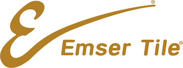 Logo for Emser Tile featuring a stylized gold "E" with a sweeping curved line above the text "Emser Tile" in gold.