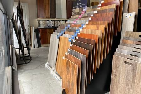 A display of wooden flooring in a store.