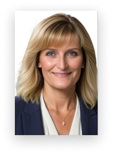 A woman in a blue jacket and white shirt smiles for the camera