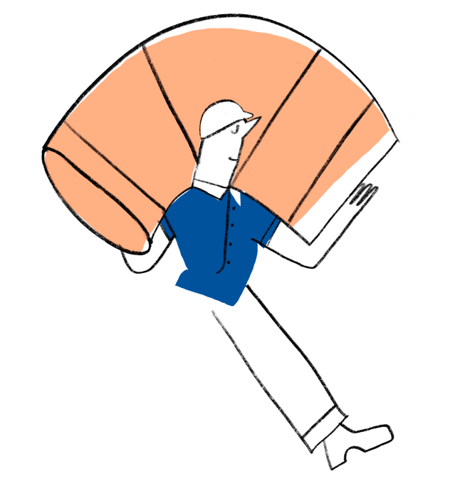 A drawing of a man carrying a large object on his back.