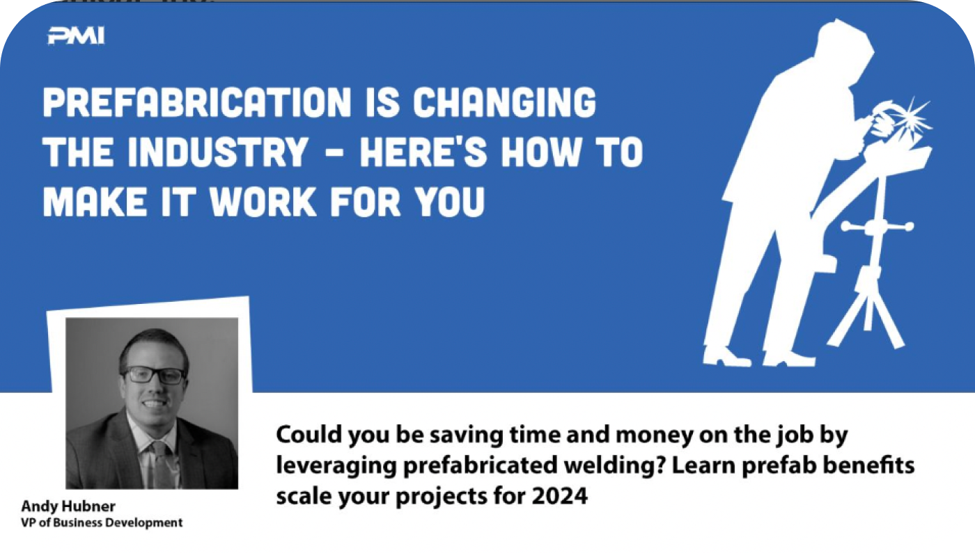 A man is standing in front of a sign that says prefabrication is changing the industry here 's how to make it work for you