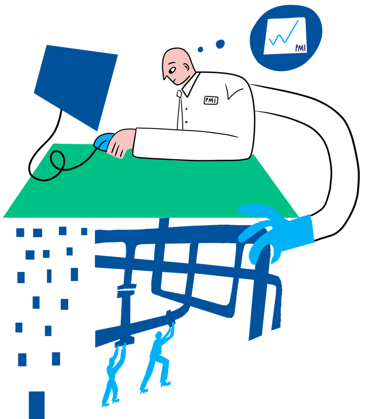 A cartoon of a man sitting at a desk with a computer mouse.