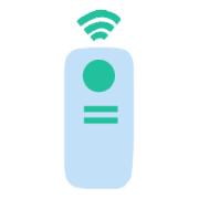 A remote control with a green circle and two lines on it.