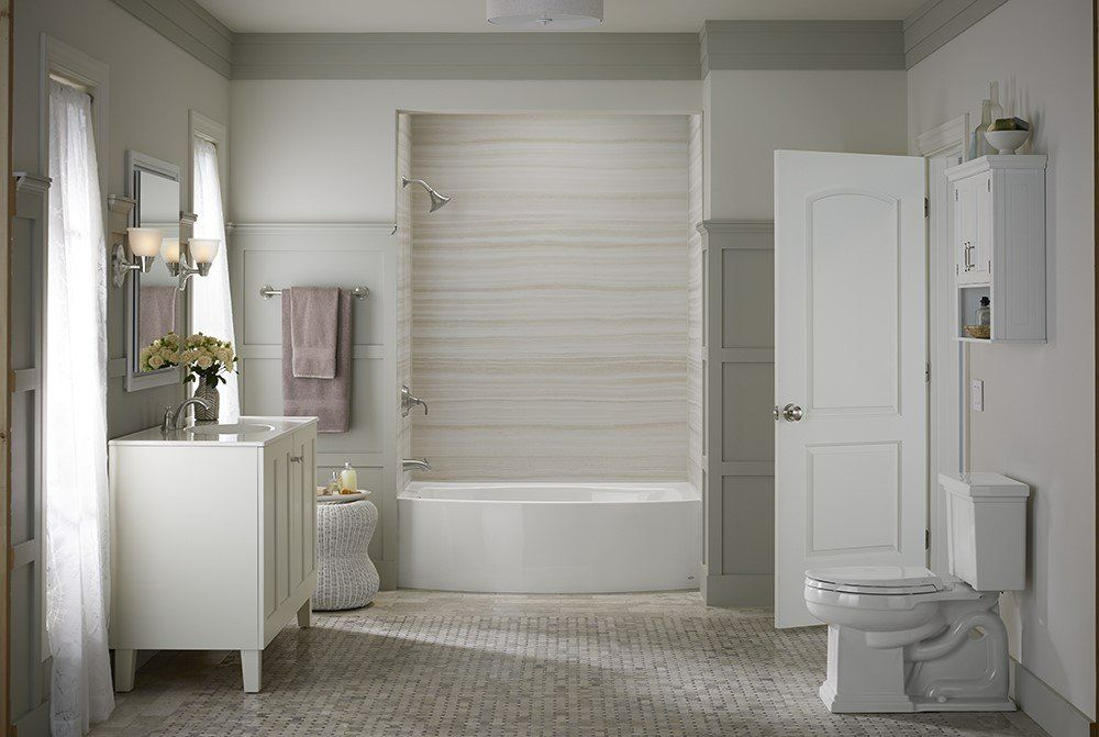 White Color Themed Shower Room With Wallpaper — Moline, IL — Midwest Bath Co.