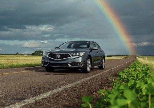 Acura sedan driving on a rural road with a rainbow overhead and shamrocks in the foreground.