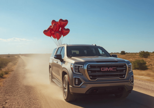 GMC SUV driving on a dusty desert road with red heart balloons tied to the roof under a blue sky.
